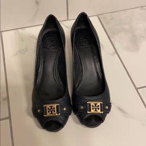 Tory Burch Leather Peep Toe Wedges